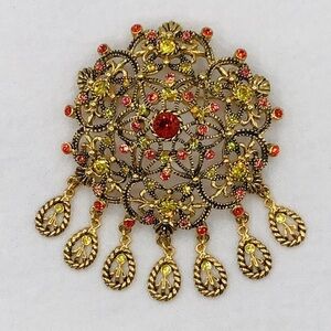 Vintage Joan Rivers Brooch Pin Domed Estate Round Filigree Rhinestone Jewelry